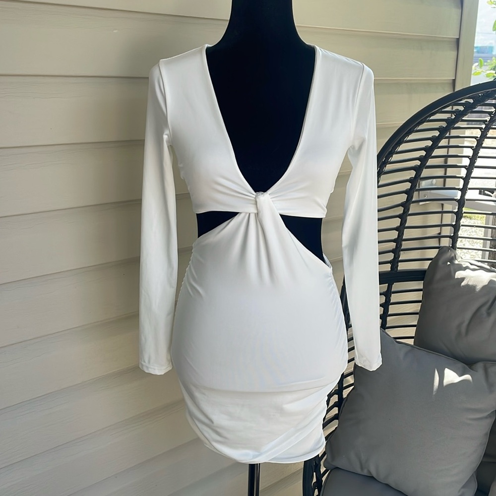 SHEIN off white long sleeve crisscross cut out bodycon dress ruched at hips (Sm)